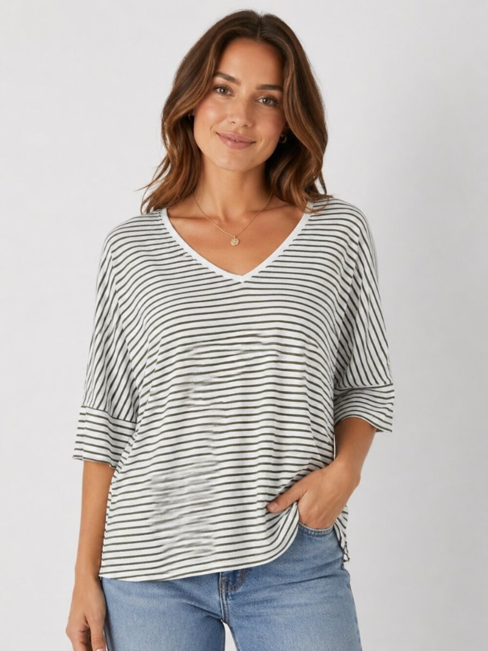 Sundance Striped V Neck Top Womens M Cotton Relaxed Boxy Tee Portugal Dolman